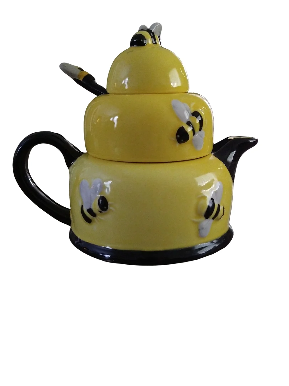 Houston Harvest 3 Piece Honey Bee Tea Stacked  Ceramic Teapot  Set